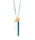 Aquamarine Beaded Necklace with Crystal Quartz Point & Lotus Blue Tassel