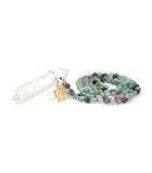 Fluorite Knotted Mala with Crystal Quartz Double Point & Dharmachakra Wheel Charm