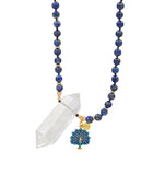 Lapis Lazuli Knotted Mala with Crystal Quartz Double Point & Peacock Charm